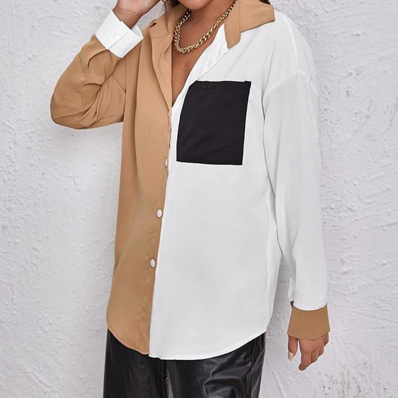 Long Sleeve Elegant Shirt Blouse White Black Button Vintage Turn Down Collar Office Ladies Shirt Casual Color Block Shirts