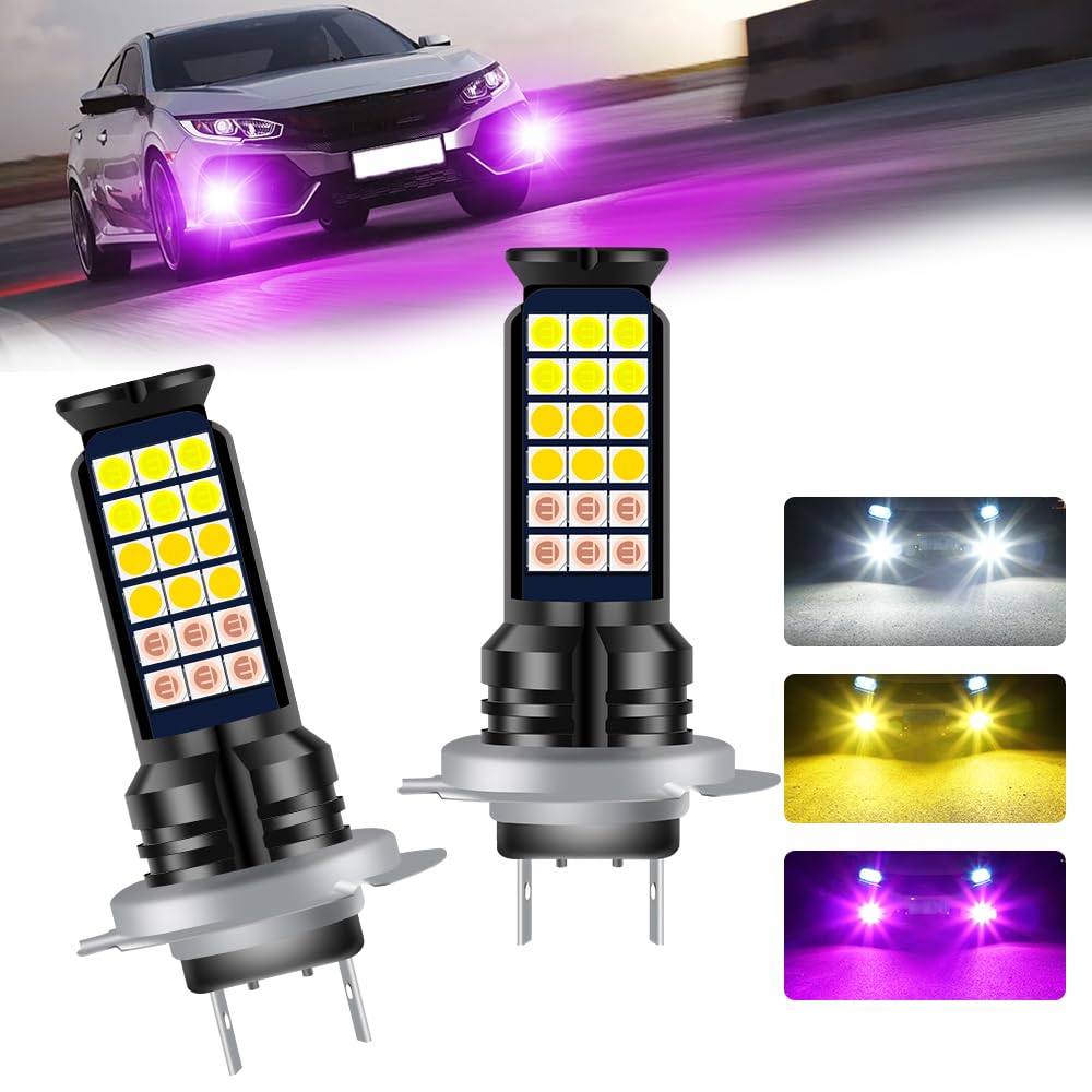 KaiDengZhe LED Fog Lamp, 3 Color Switching, H7, Pure White/Yellow/Purple, 36 Row SMD 3000LM