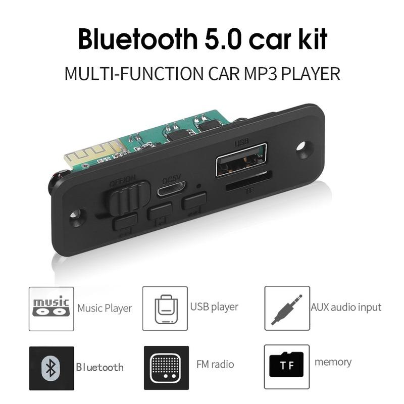 

Bluetooth 5.0 Автомобільний MP3-плеєр Декодер плата 2 x 3 Вт Підсилювач бездротовий FM радіо модуль TF USB AUX Audio чорний