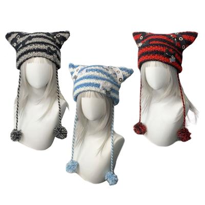 Punk Beanie Knitted Hat Cat Ear for Y2K GIRL Hat with Crocheted Beanie for 2000s
