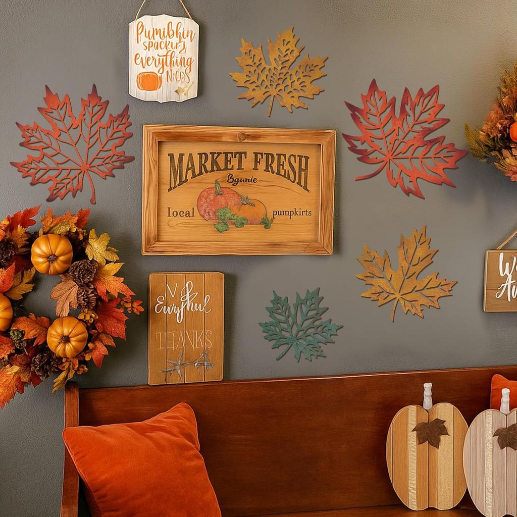 6 Stück Metall Herbst Ahorn Herbstblätter Wanddeko Kunst Bauernhaus Rustikal Metallschild Hängeornament für Thanksgiving Herbst Zuhause Innen Außen