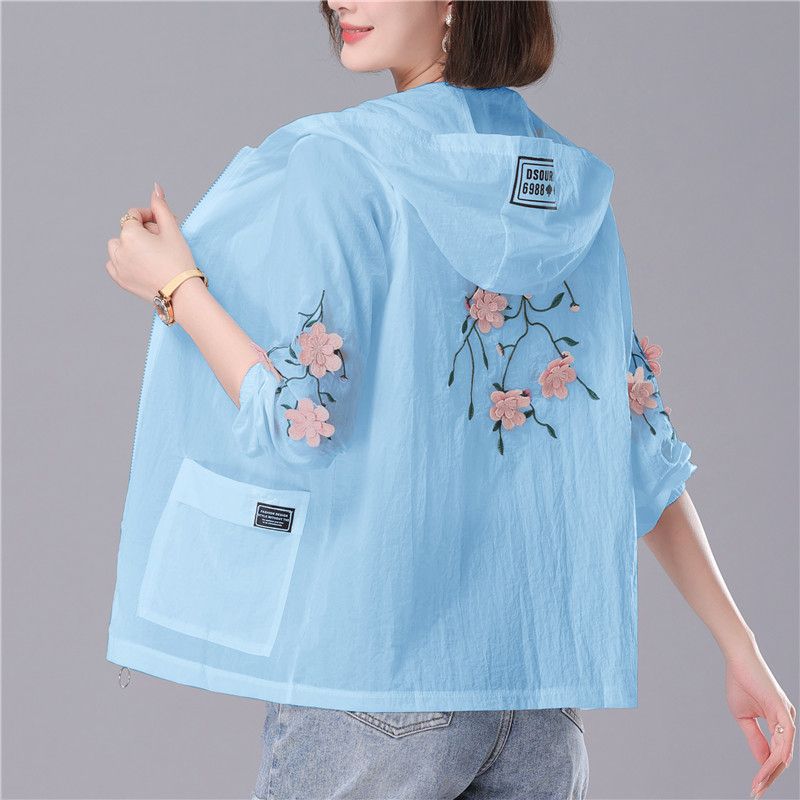 

Embroidery Print Hooded Thin Coat Spring Summer Oversize 5xl Loose Jackets Women Casual Sun Protection Outwear Elegant Chaquetas 5XL