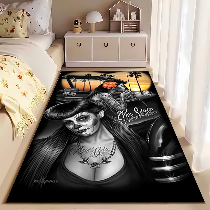 Retro Tattooed Women with Skull Makeup Design. Non-slip Rug Suitable for Living Room and Bedroom Sofas.