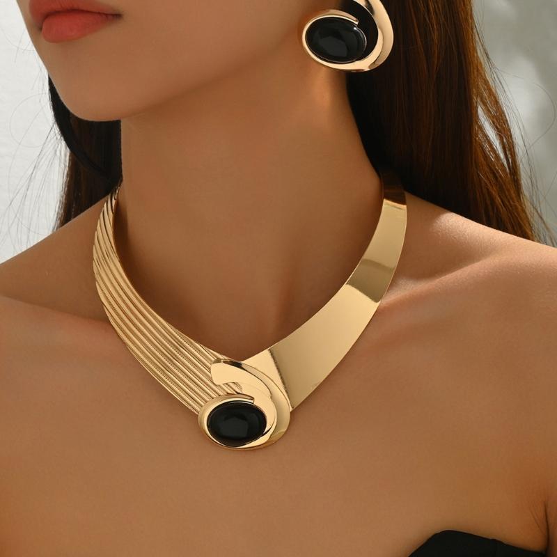 Versatile Geometric Jewelry with Oval Stone Gold Color Necklace Earrings Set Geometry Accessories For Stylish Women