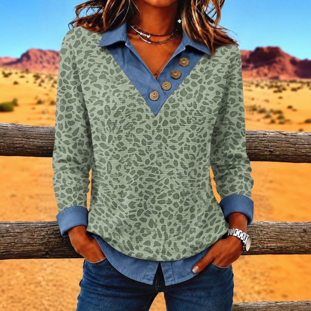 Women's Casual V-Neck Button Trim Leopard Print Long Sleeve Top for Everyday Wear