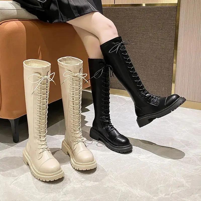 Fashion Round Toe Leather Knee High Shaft Shoes Woman New Rock Goth Long Boots for Women Designer Luxury Footwear Fashion 2025 Y2k Boot