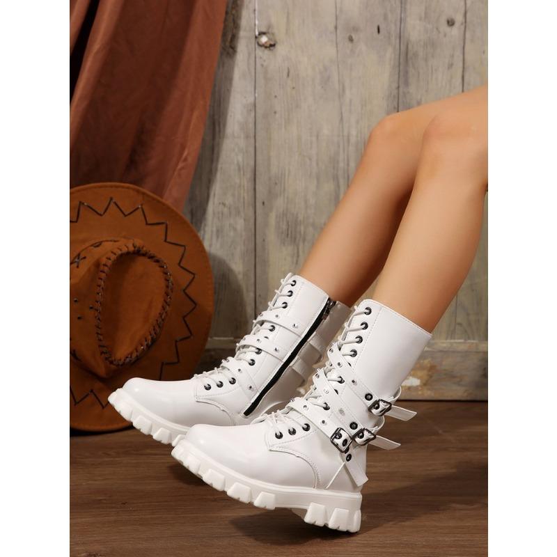 Thick-soled Martin Boots Women's Autumn and Winter New Round Toe Belt Buckle Motorcycle Boots with Fleece Women's Boots