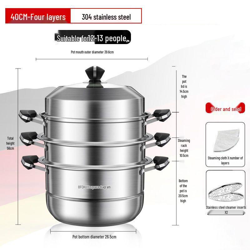 Large 304 Stainless Steel Three-Layer Household Steamer for Induction and Gas Stoves