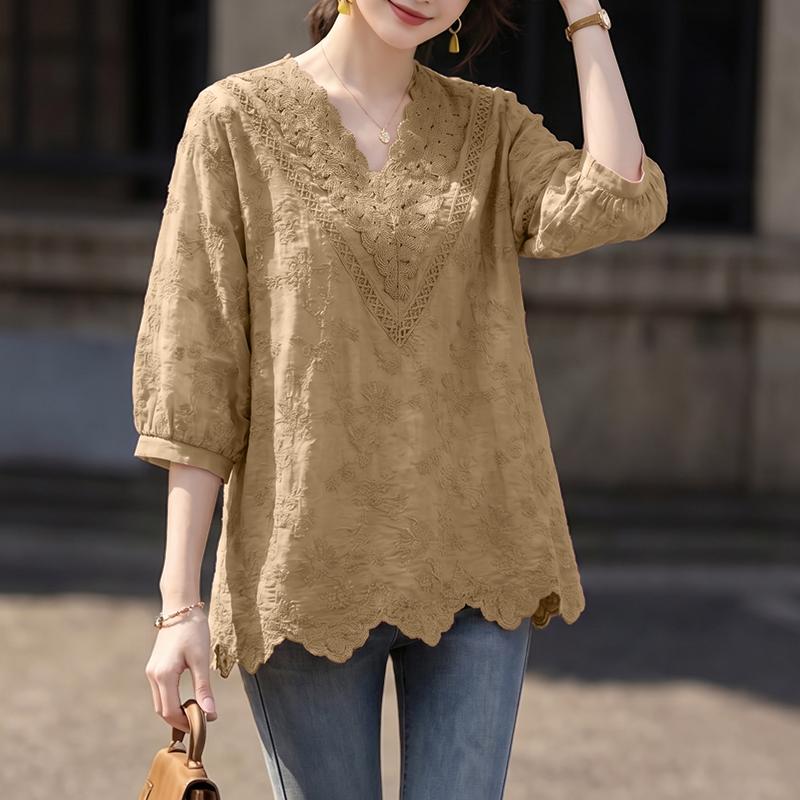 ZANZEA Women Hollow Lace Splice V-Neck Loose Casual 3/4 Sleeve Blouse