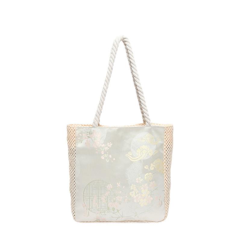

Stylish New Chinese Style Embroidered Tote Bag Fashionable Summer Handheld Purse For Girls White