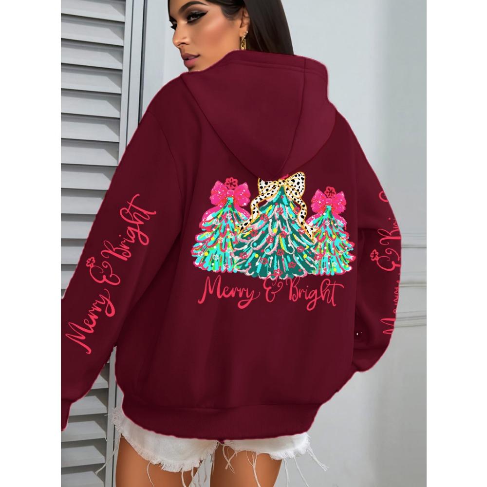 Merry Christmas Colorful Trees Printing Women Hoodies Loose Casual Hoody Autumn Y2K Pocket Streetwear All-Match Clothes