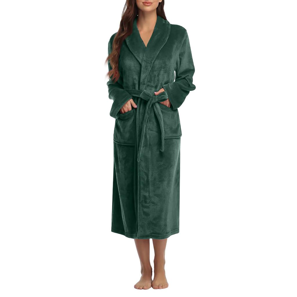 Damen Langer Revers Warmer Morgenmantel Hauskleidung Einfarbig Dick Bademantel Enganliegender Pyjama