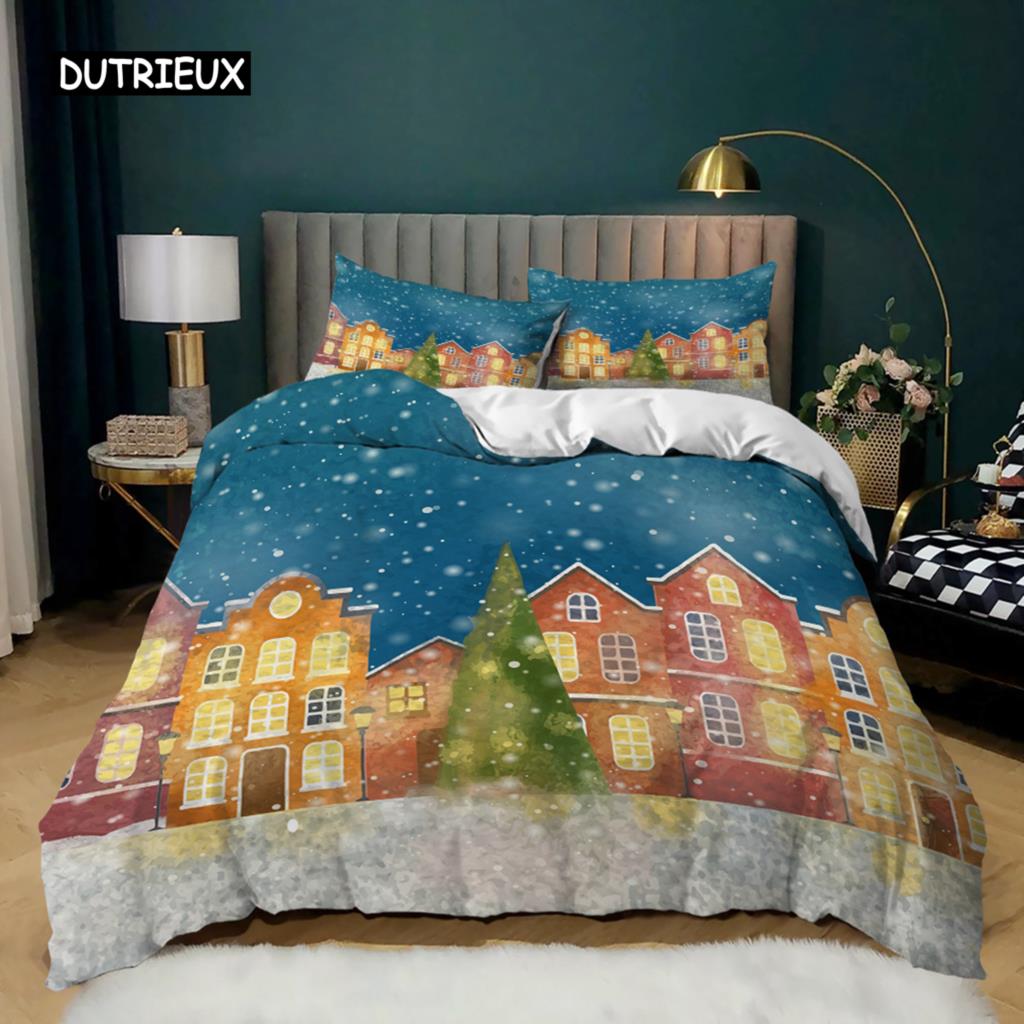 Fairy Tale Town Duvet Cover Beautiful Cartoon Building Fairy Tale Town Twin Bedding Set Microfiber Queen King Size Quilt Cover Tool EU single(135x200cm)