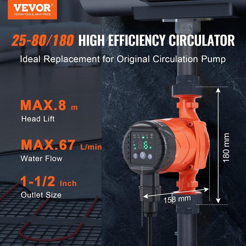 Vevor Hot Water Circulation Pump Energy-efficient High-Efficiency Circulation Pump ECM Permanent Magnet Motor 220V 60W, 67 L/min Max Flow Rate, 8m Max