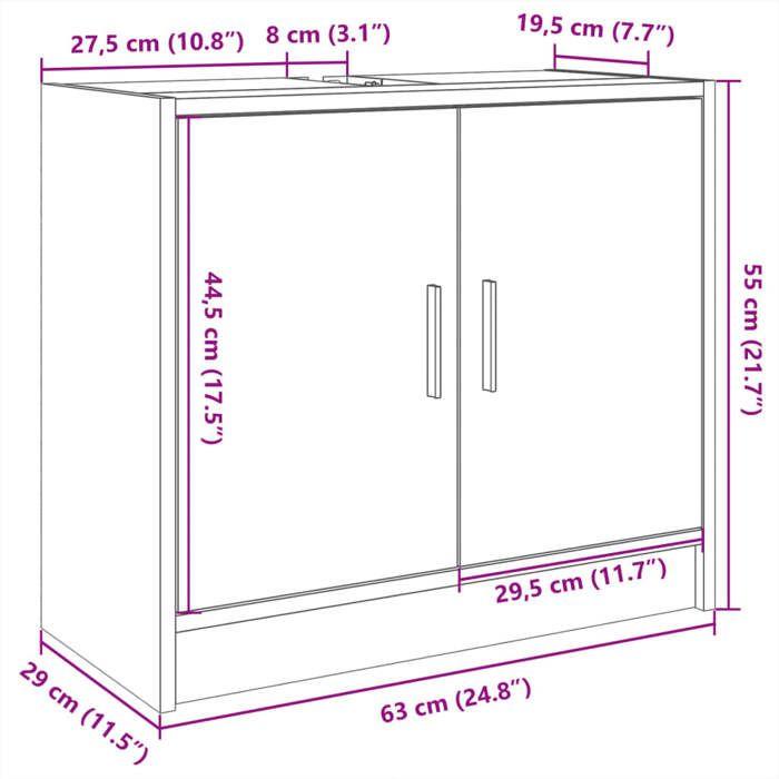 VidaXL Armoire d'évier chêne sonoma 63x29x55 cm bois d'ingénierie, armoire de salle de bain, armoire de rangement salle de 848096