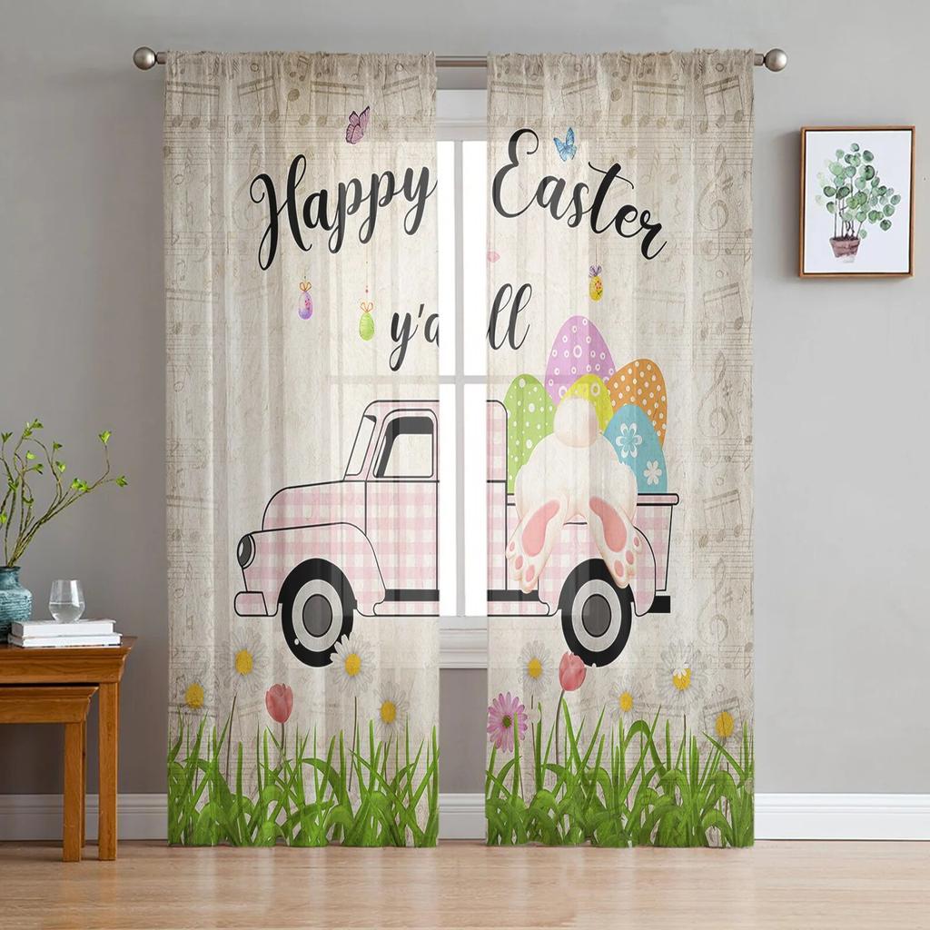 Ostern Ei Hase Schmetterling Blume LKW Tüll Vorhänge für Wohnzimmer Schlafzimmer Voile Sheer Vorhang Fenster Home Decor Vorhänge