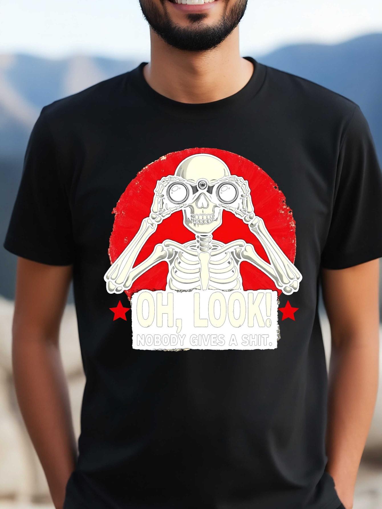 605 Cotton Blend Graphic T-shirt - Bold OH LOOK! NOBODY GIVES A SHIT Skeleton Binoculars Print XXL