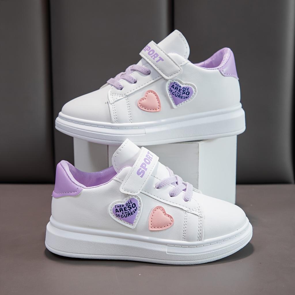 [Niedliche Kinder-Sneaker] Niedliche Kinder-Freizeit-Sneaker | Herzmuster Weiß & Rosa Low-Top Schnürschuhe, Runde Zehenpartie, Obermaterial in Lederoptik, Stoff-Innenseite