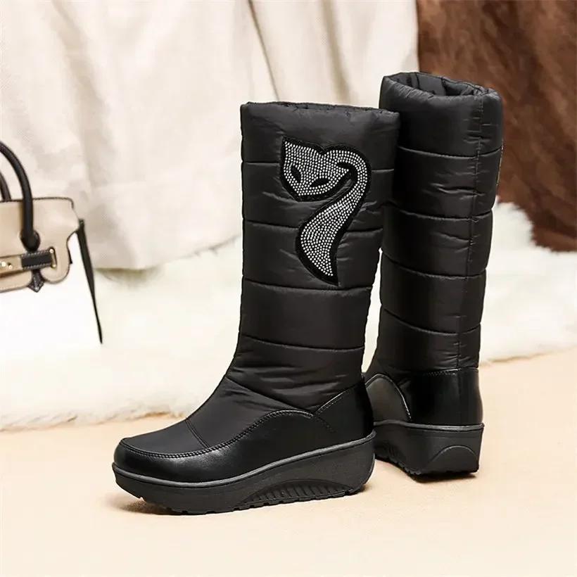 Winter Plush Women Mid-calf Snow Boots Waterproof Down High Wedge Platform Heels Round Toe Casual Lady Crystal Print Half Boots