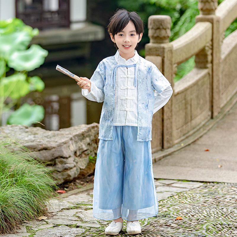 Boys' and Girls' Chinese Style Hanfu Set for Spring/Autumn – Long Sleeve Light Blue Tang Suit for Mid-Autumn Performance