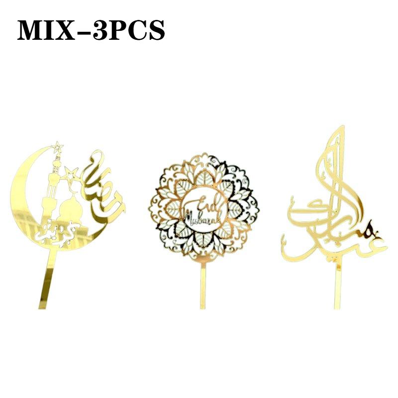 1-10PCS Eid Mubarak Golden Acrylic Cake Topper with Castle Moon Design for Ramadan Muslim Festival Party Cupcake DIY Decoration