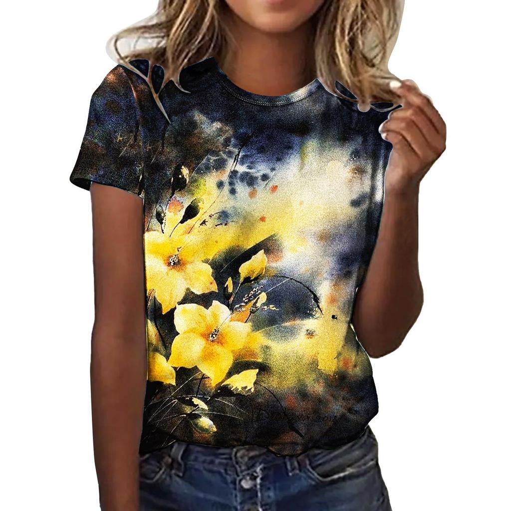 Summer Round Neck 3D Love Flower Print Top Fashionable Casual Short Sleeved Women's T-shirts