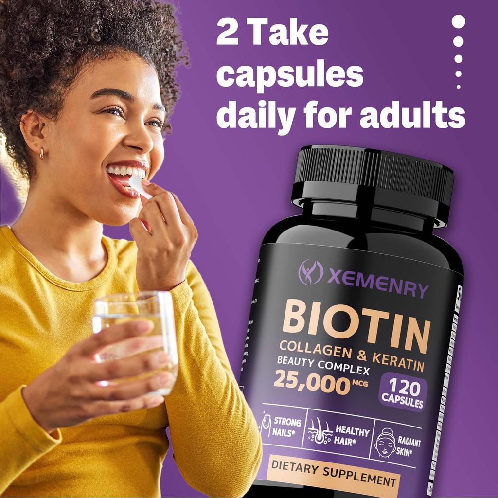 High-content biotin complex capsules, 25000mcg biotin, collagen, keratin, suitable for both men and women.