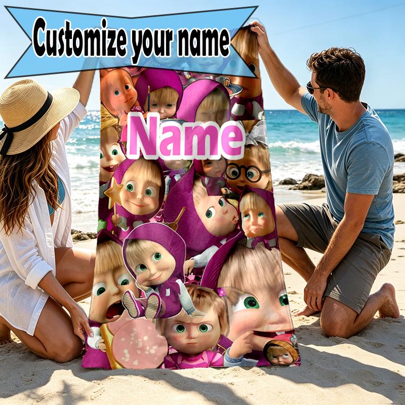 Asciugamano da Spiaggia Personalizzato con Nome Masha e Orso, per Viaggio Campeggio Festa in Spiaggia Decorazione Casa, Regalo di Compleanno per Famiglia e Amici