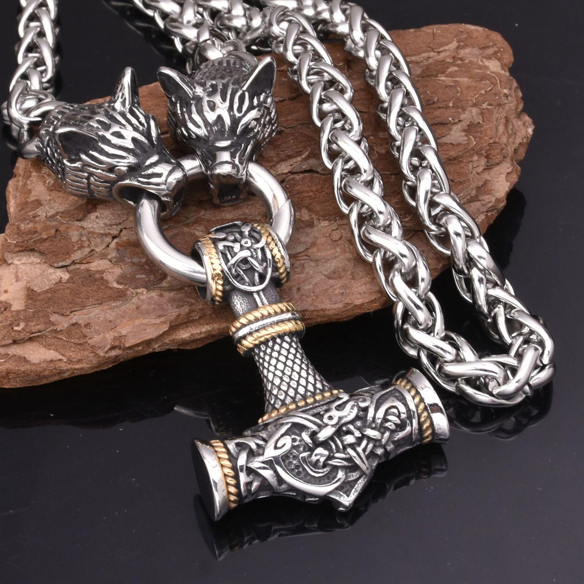 

Новый скандинавский викинг из нержавеющей стали с головой волка Молот Тора кулон ожерелье мужские ювелирные изделия 50CM