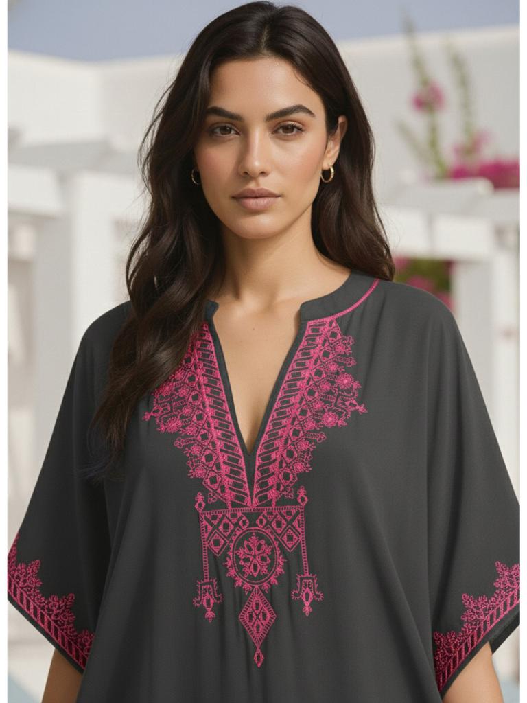 Womens Boho Embroidered V Neck Kaftan Dress Loose Fit Elegant Loungewear Beach Cover Up for Summer Resort Wear Q1545-23001