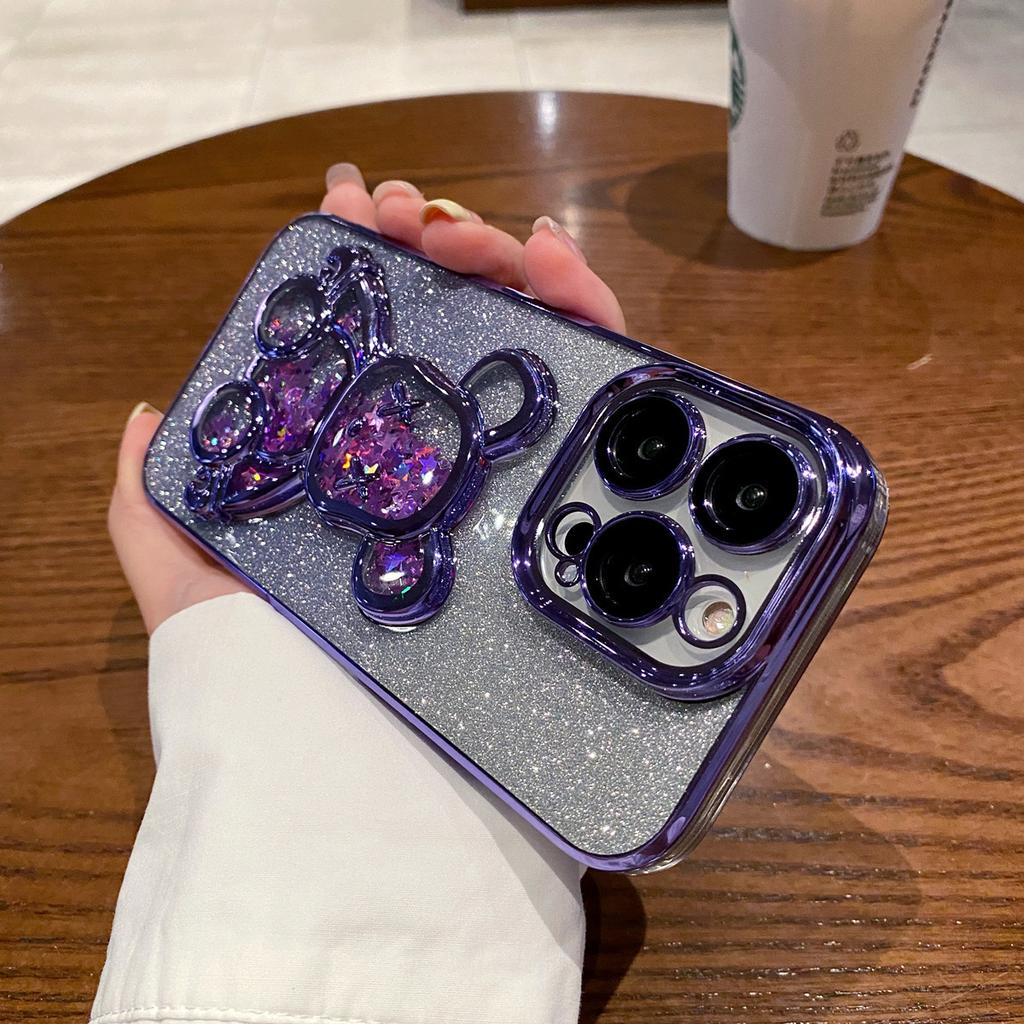 Electroplating quicksand violent bear is suitable for iPhone17 mobile phone case with glass lens film Apple 16 transparent soft case
