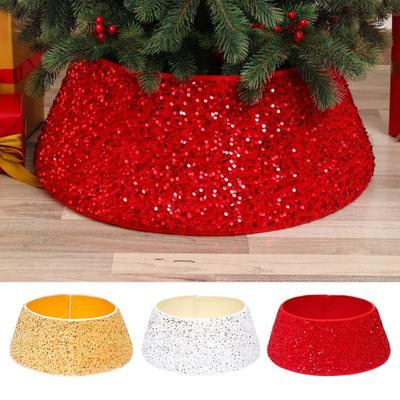 Feliz árbol de Navidad Base caja falda lentejuelas rojas Collar de árbol accesorios decorativos pie de árbol de Navidad