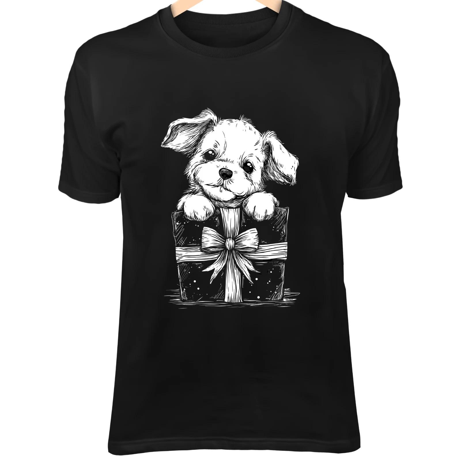 Christmas Dog Line Art - Cute Minimalist Cartoon Peeking from Gift Box M