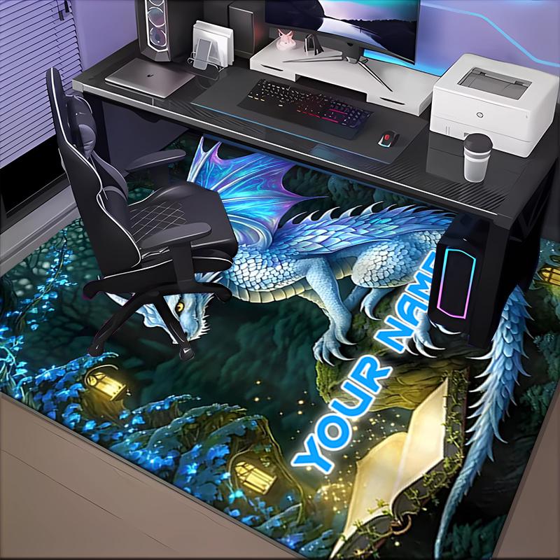 1PC Custom Name Blue Dragon Fantasy Forest Theme Floor Mat Ideal for Living Room, Game Rooms, Office, Bedroom,Floor Mat Playful Design