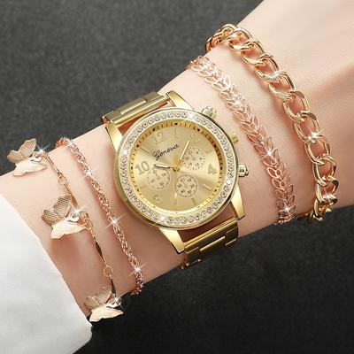 Damen Goldfarbene Edelstahl Quarz Uhr Schmetterling Schmuckset 4tlg