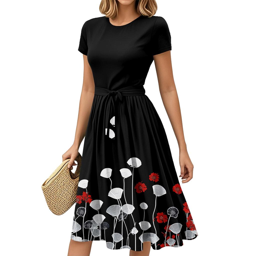 Women's Fashion Casual Belt Short Sleeve Round Neck Geometric Printing Splicing Elegant Temperament Dresses