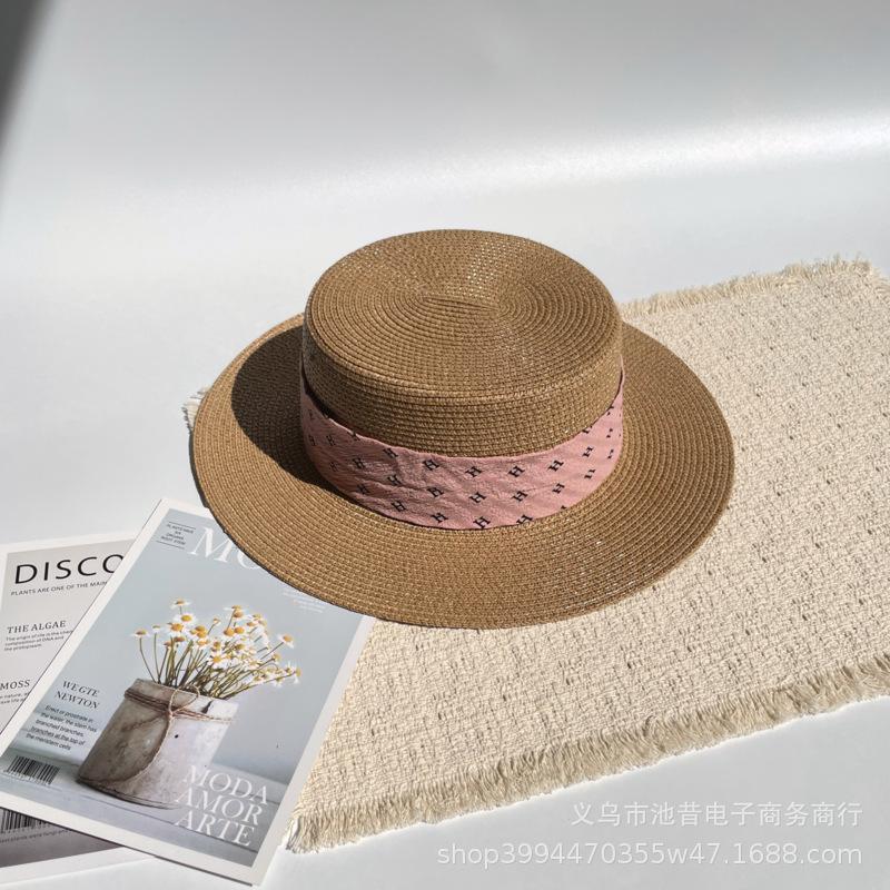 Small fresh letter webbing flat top straw hat female summer seaside photo shoot sun protection shade sand sun hat male
