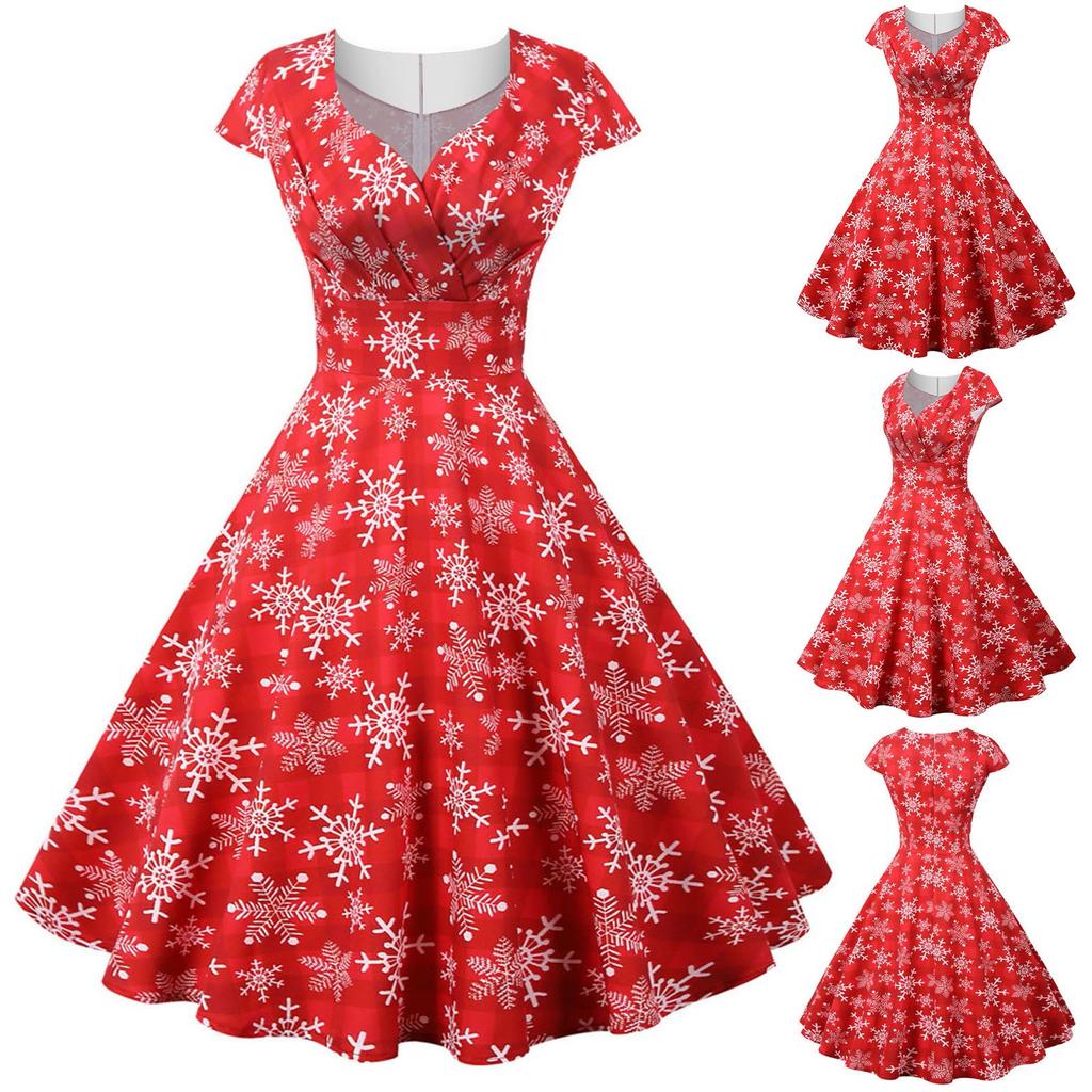 Damen Vintage Kurzarm Weihnachten 1950er Jahre Hausfrau Abend Party Ballkleid
