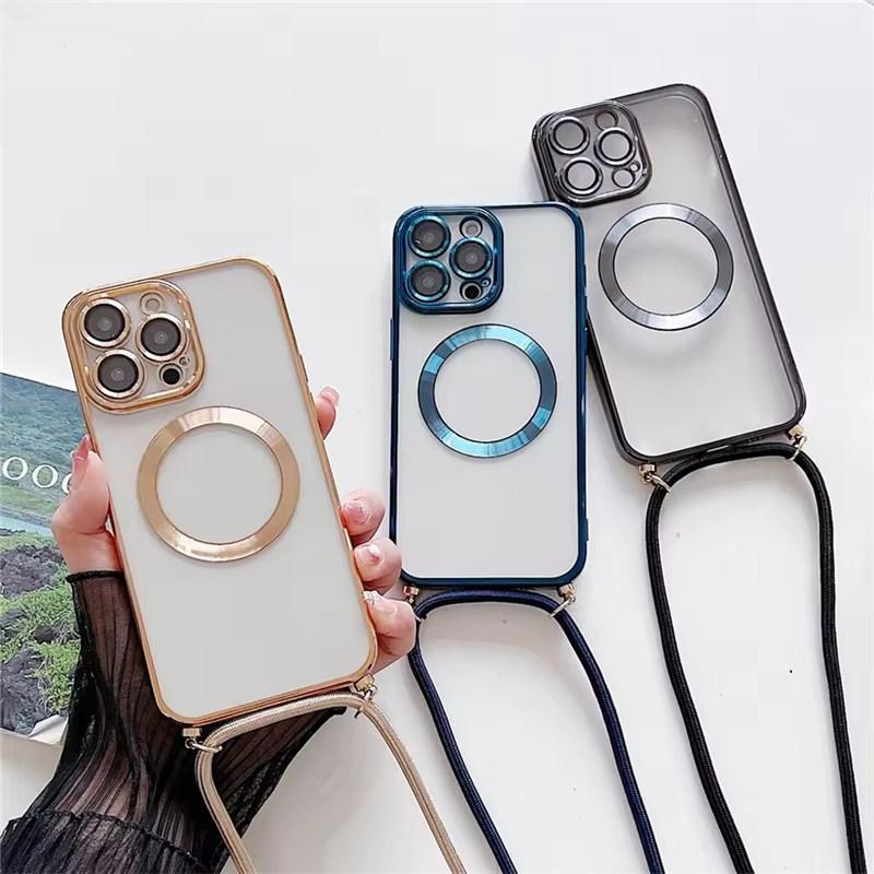 Plating Clear Magnetic For Magsafe Wireless Charging Cases For iPhone 17 Air 16 15 14 13 12 11 Pro Max Plus Crossbody Lanyard Necklace Cover