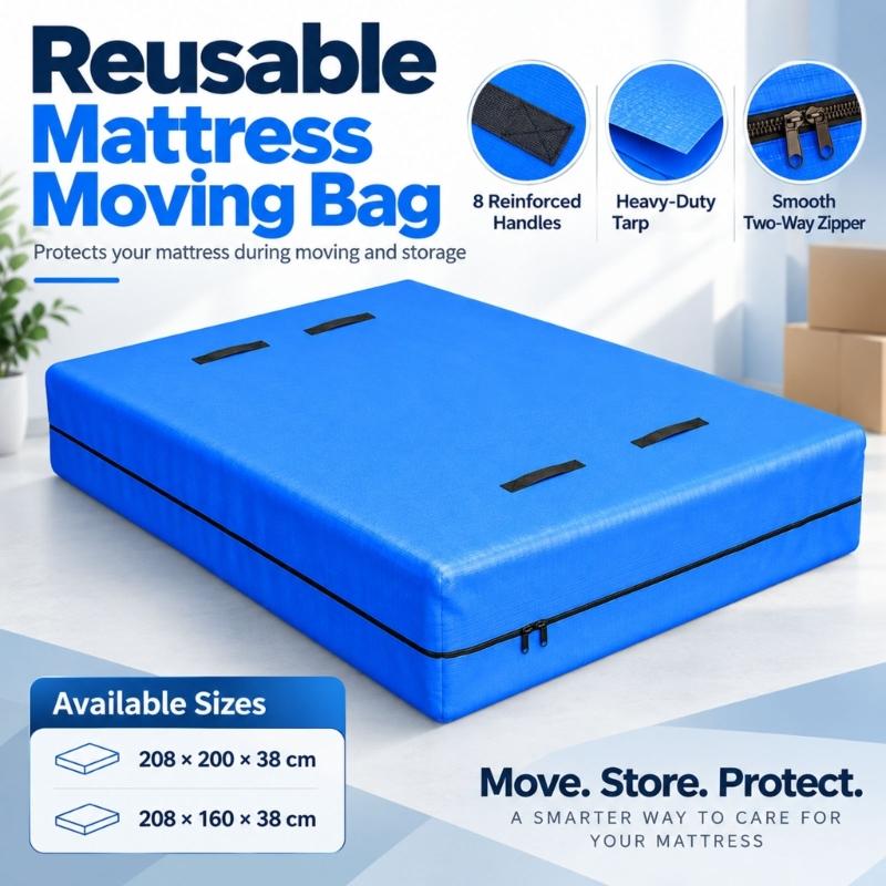 Mattress Cover Bag with Multiple Carry Handles for Moving, Transport, and Temporary Storage with Bag Closure Design