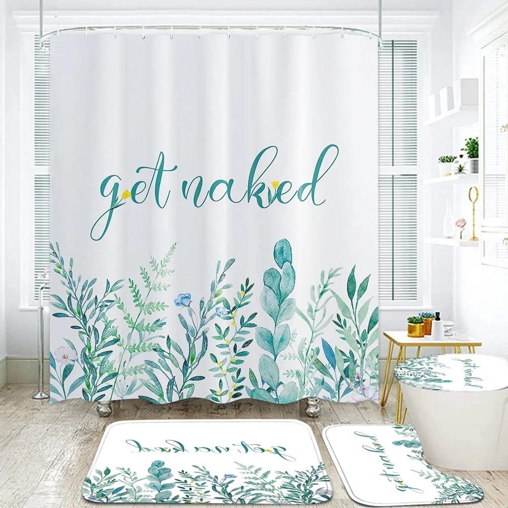 Green Leaves Shower Curtain Sets Spring Rural Plant Flower Bathroom Curtains Non-Slip Toilet Lid Cover Rug Baths Mats Home Decor