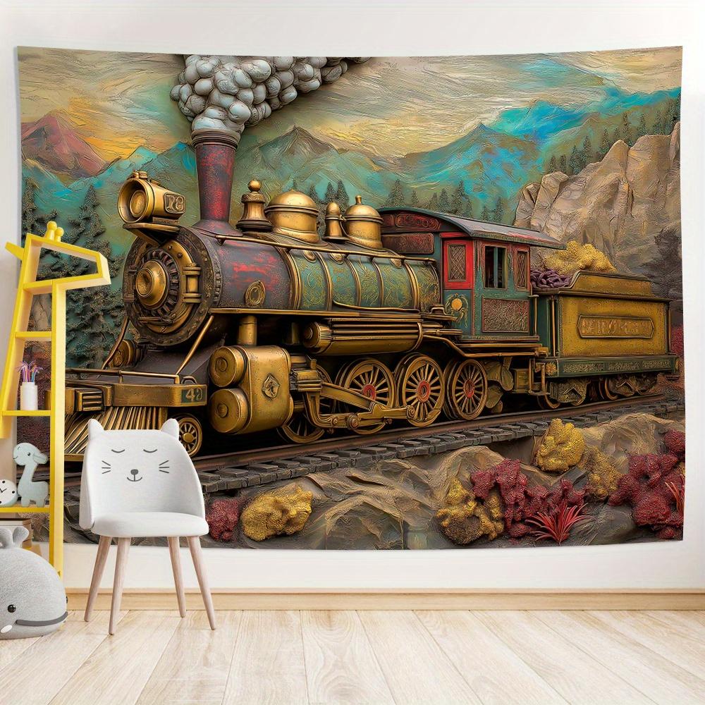 Gobelin ścienny 3D w stylu vintage z pociągiem parowym, poliester, 1 szt., dekoracja domu i biura, dekoracja salonu, sypialni, na imprezę, bez piór