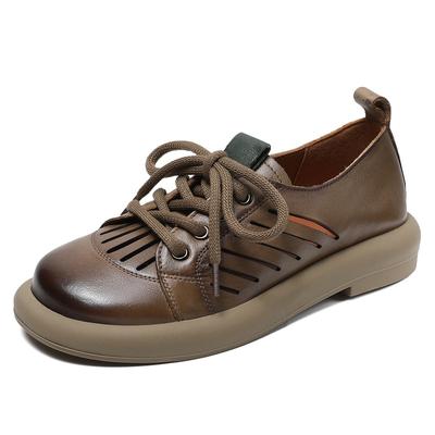 Mode Vintage Rindsleder Braun Flache Sohle Damen Schuhe Ausgehöhlt Atmungsaktiv Damen Schuhe Sommer Damen Schuhe Weich und Gesund