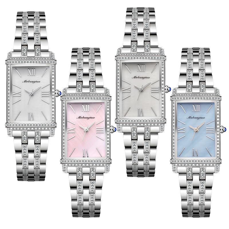 Diamantbesetzte quadratische Quarzuhr Damenmode Stahlarmband Schachbrettmuster Uhr Export