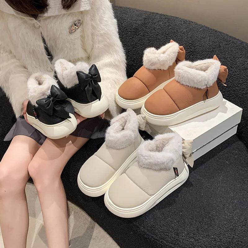 Snow Boots Winter Wear Outside Thick Sole Cotton Shoes  Plush Thicken Keep Warm Slippers Platform Home Fashion Women Shoes