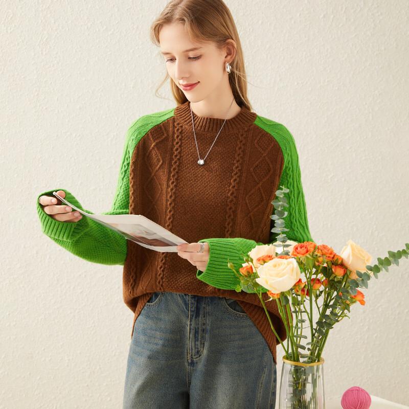 

Женский толстый свитер из чистой шерсти с цветными блоками и кабельной вязкой One Size F