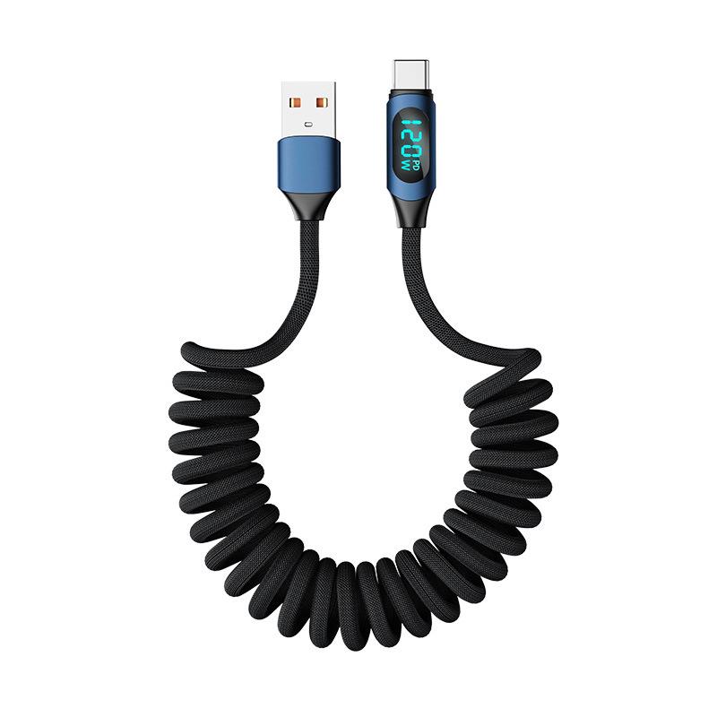 Digital Display 120W Fast Charging Type-C Retractable Car Charger Cable for Apple & Huawei