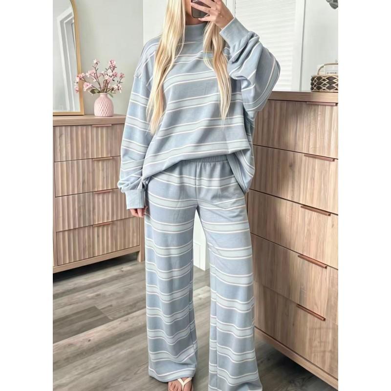 2026 Womens Striped Print Casual Two-Piece Set Long Sleeve T-Shirt Pants Comfort Fit Korean Style