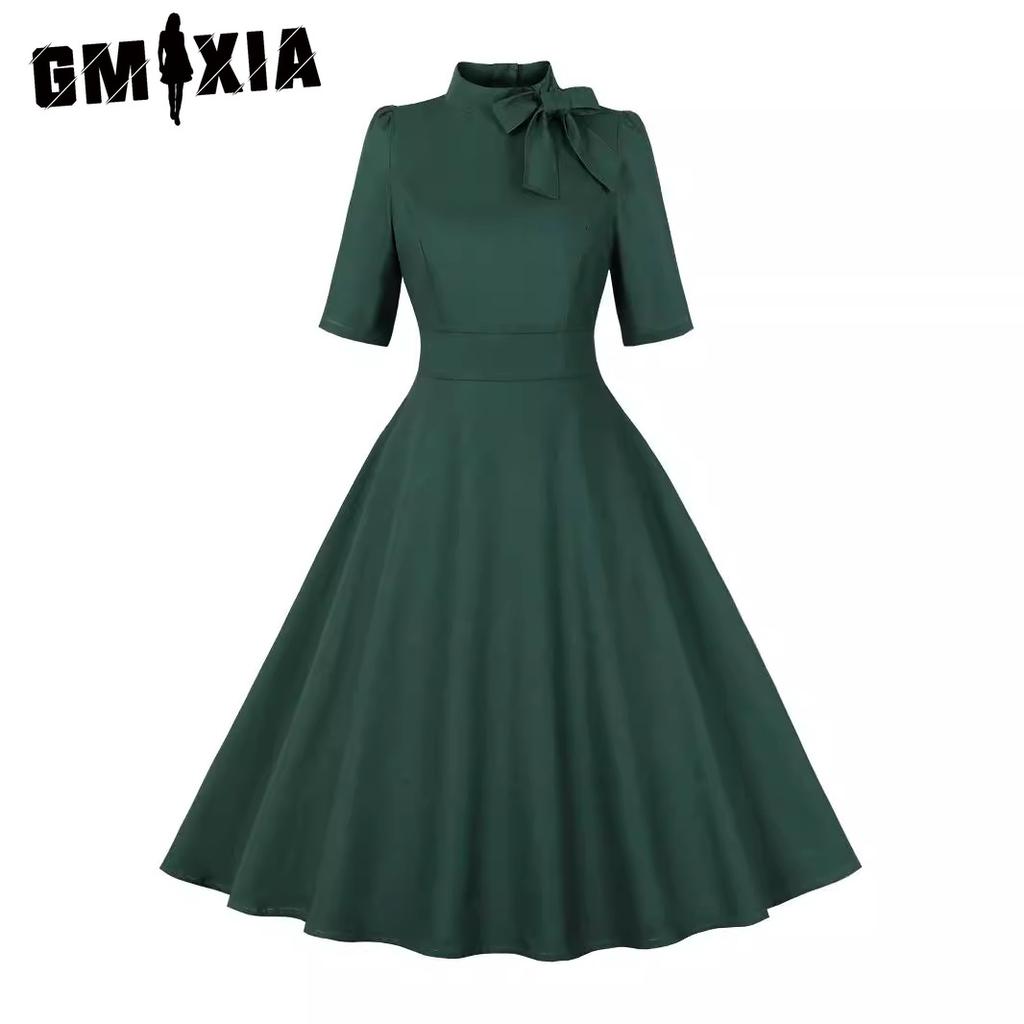 GMXIA Elegantní jednobarevné vintage společenské šaty s mašlí ke krku a středním rukávem