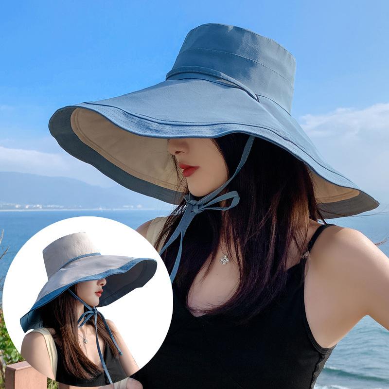 Hat Summer Women's New Seaside Beach Big Brim Sunscreen Sunshade Sun Hat Double-sided Wear Big Head Circumference Bucket Hat